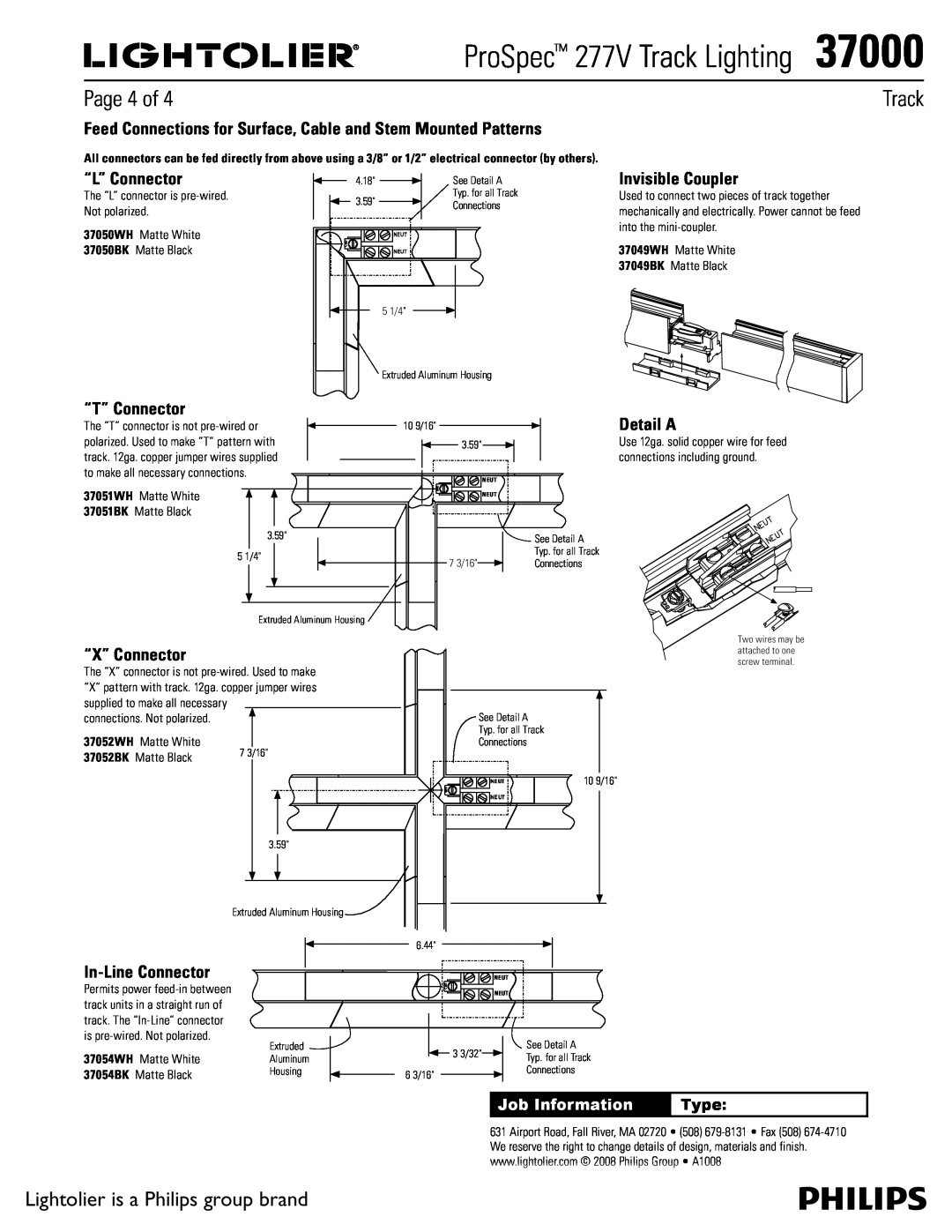 Lightolier 37000 Page 4 of, Feed Connections for Surface, Cable and Stem Mounted Patterns, “L” Connector, “T” Connector 